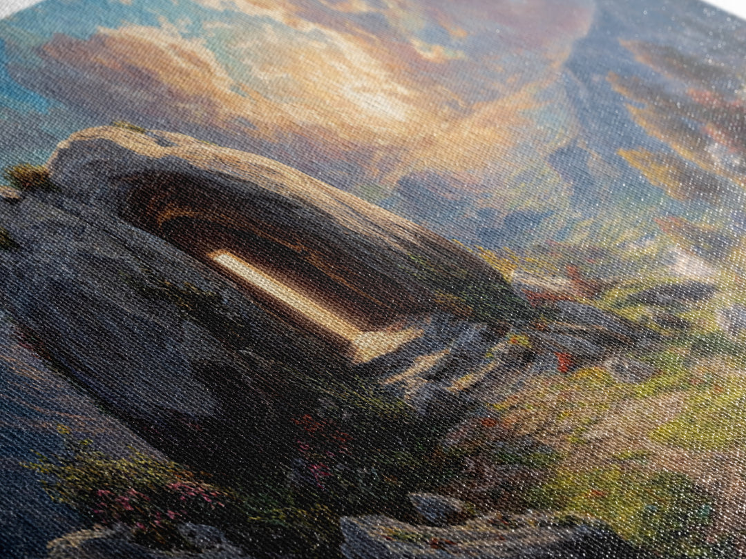 Luminous Entrance To Rocky Cave At Sunset Landscape Wall Art Framed Canvas Print For Home Decor