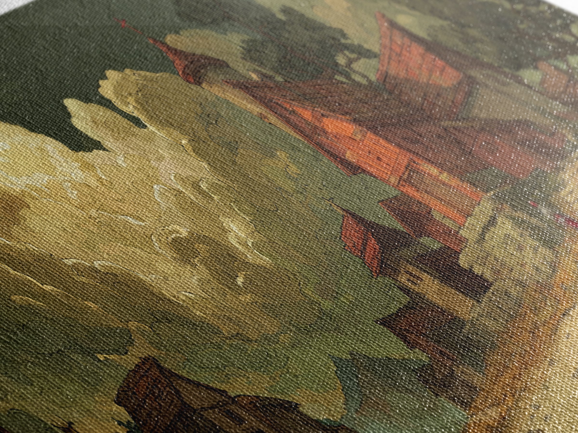 Fantasy Village Landscape Artwork With Knight And Dramatic Sky In Warm Tones Canvas Print