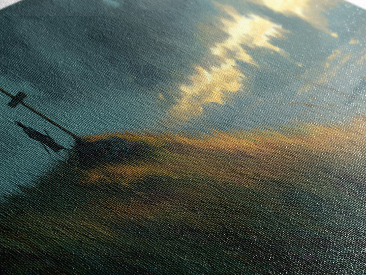 Peaceful Landscape Painting Of Knight And Cross At Sunset Over Rolling Hills Moody Wall Art Print