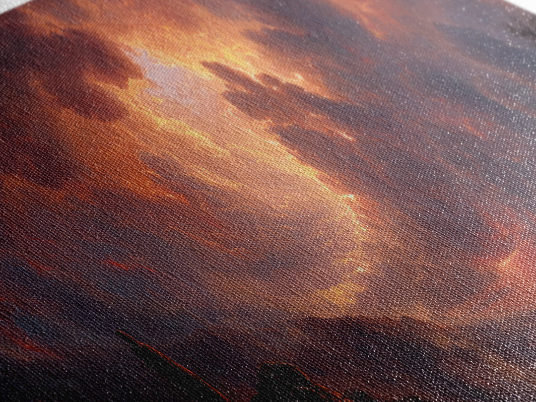 Epic Figure Facing Fiery Sunstorm Fantasy Landscape Wall Art Framed Canvas Print For Dramatic Home Decor And Contemporary Art Lovers