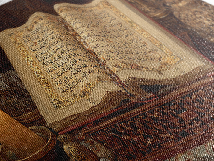 Intricate Handcrafted Ornate Religious Manuscript Painting With Candle And Gold Detailing Wall Art Canvas Print