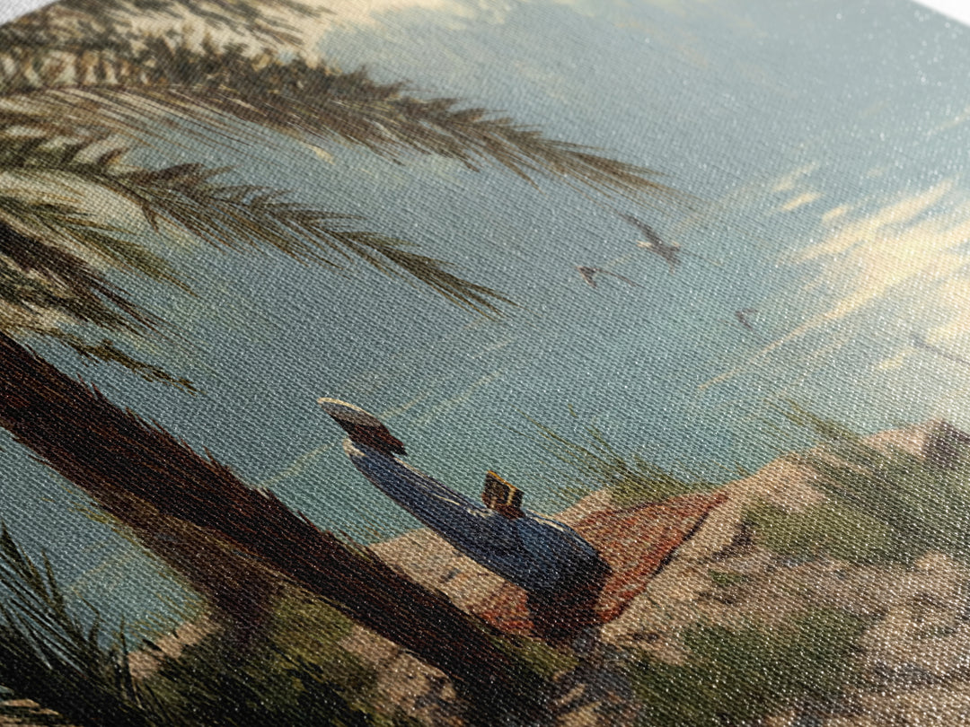 Tranquil Riverside Scene With Man Reading Sacred Text Surrounded by Palm Trees and Calm Waters Oil Painting Canvas Print