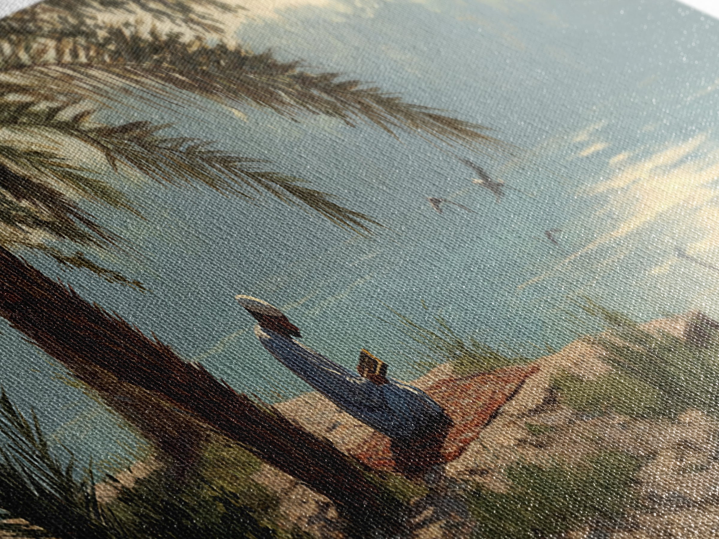 Tranquil Riverside Scene With Man Reading Sacred Text Surrounded by Palm Trees and Calm Waters Oil Painting Canvas Print