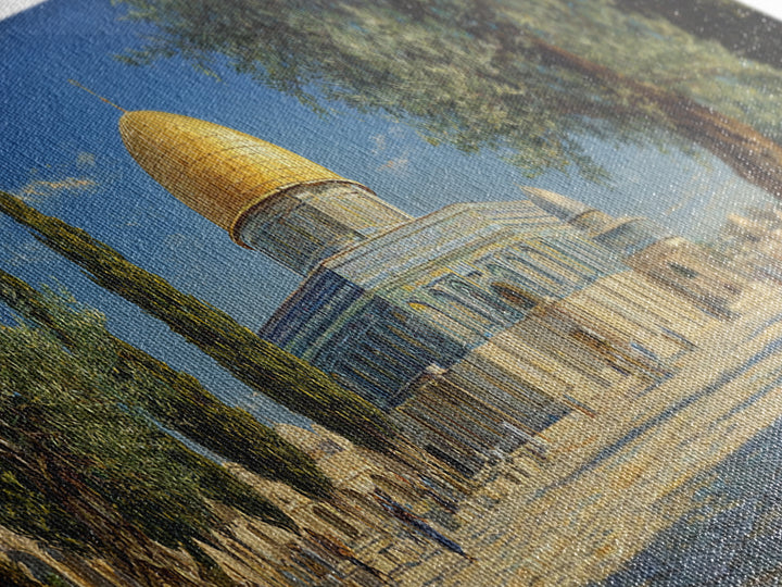 Beautiful Dome Mosque Courtyard With Olive Trees Under Blue Sky Traditional Middle Eastern Oil Painting Wall Art