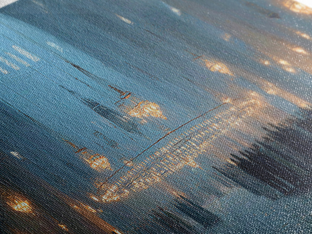 Ethereal Interior Of Historic Mosque With Soft Blue Tone And Glowing Chandeliers Canvas Print