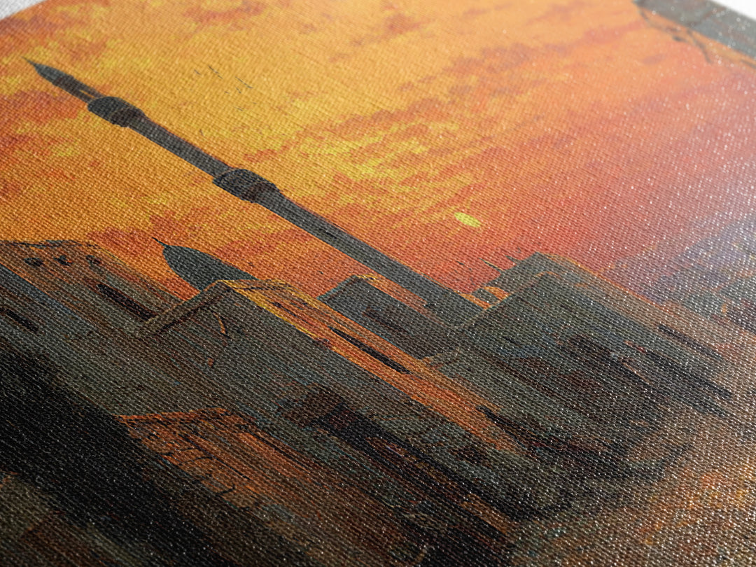 Stunning Sunset Over Desert Village With Minaret Oil Painting Warm Landscape Wall Art Framed Canvas Print For Home And Office