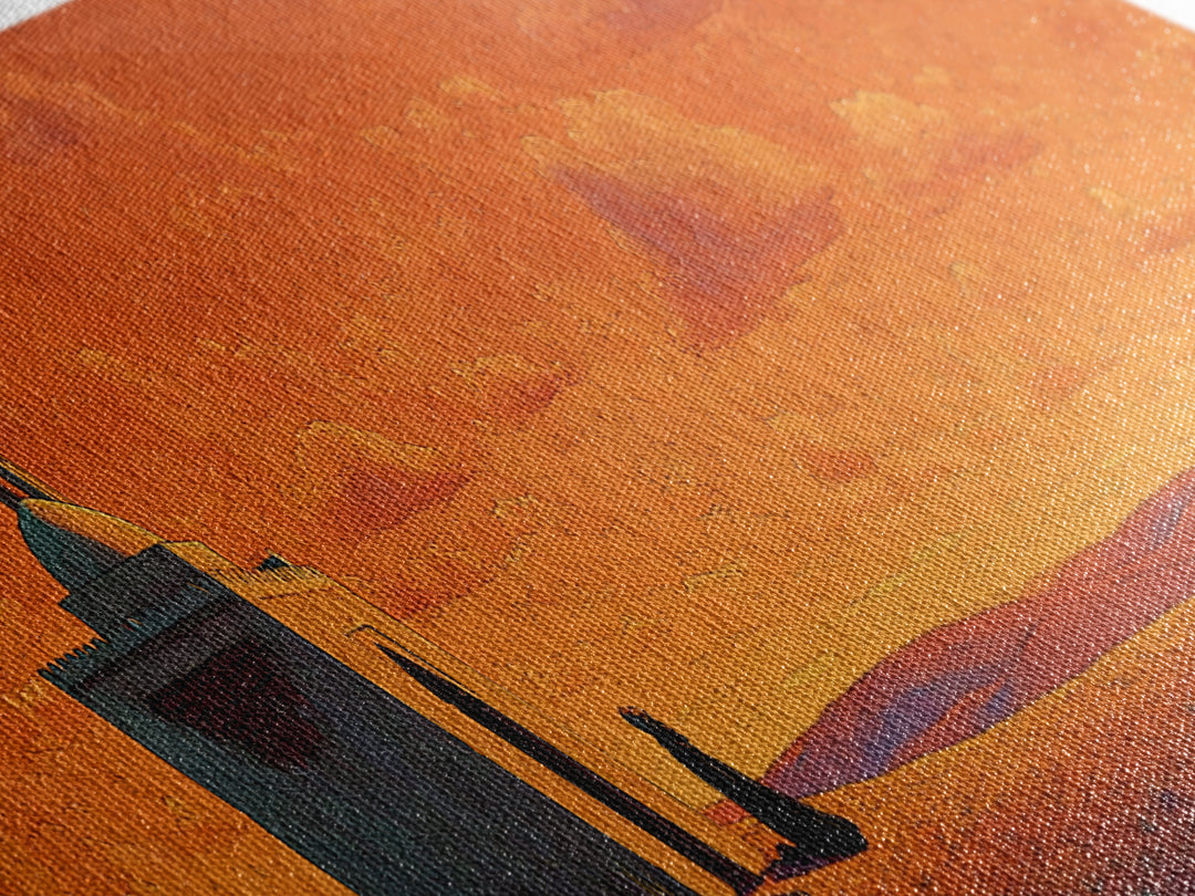 Orange Desert Mosque At Sunset Wall Art, Islamic Landscape Print, Panoramic Canvas, Prayer Room Decor, Warm Earth Tone Home Decor