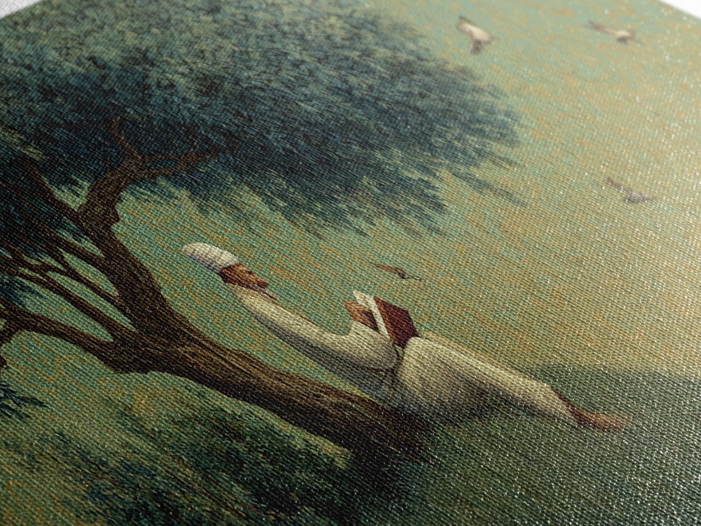 Peaceful Man Reading Under Lush Tree With Flying Birds Scenic Wall Art Canvas Print For Home Decor