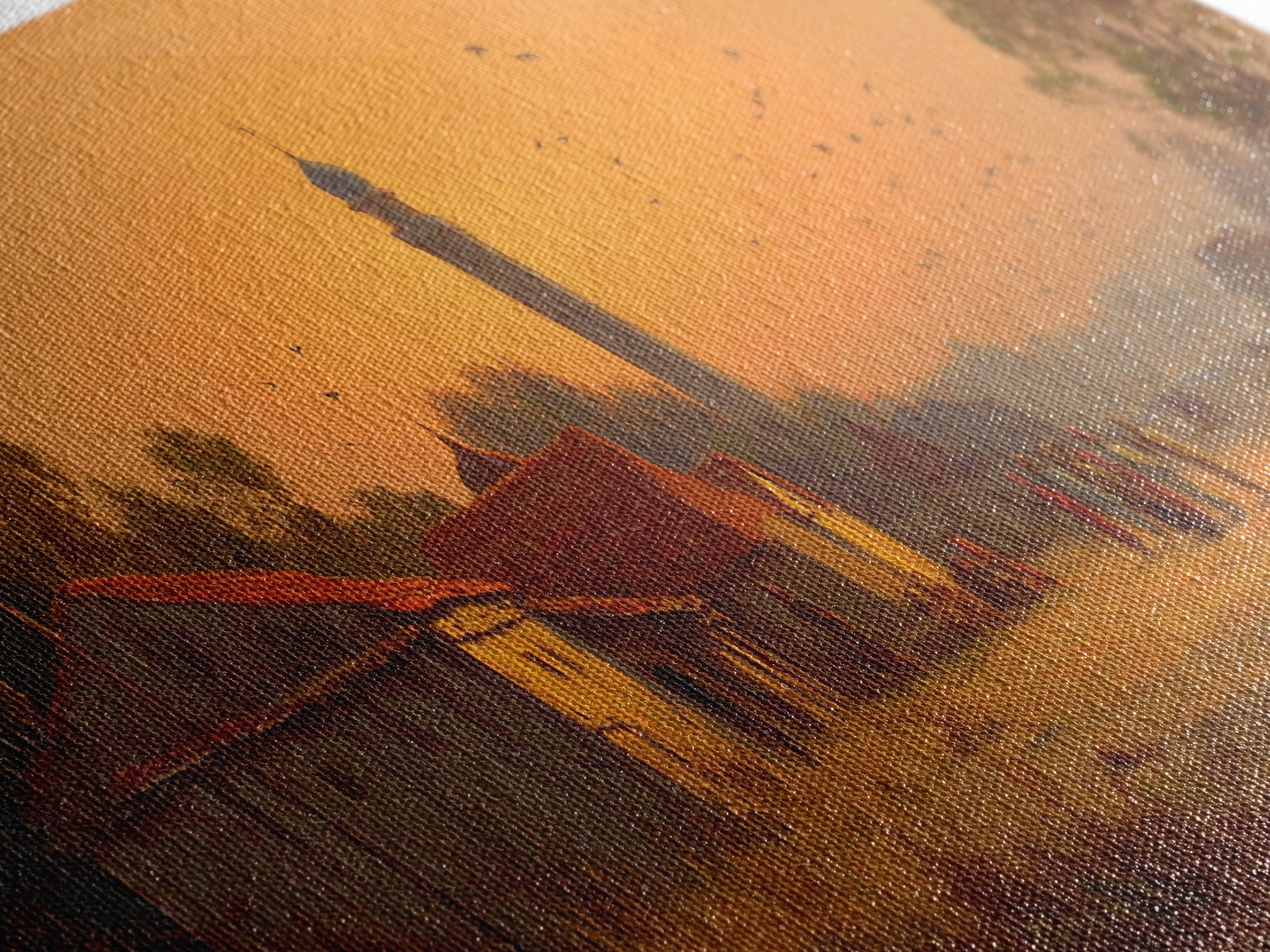 Serene Village Sunset Landscape Painting With Historic Mosque Tower Capturing Peace And Tradition Wall Art