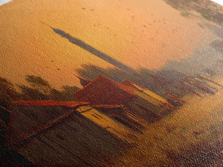 Serene Village Sunset Landscape Painting With Historic Mosque Tower Capturing Peace And Tradition Wall Art