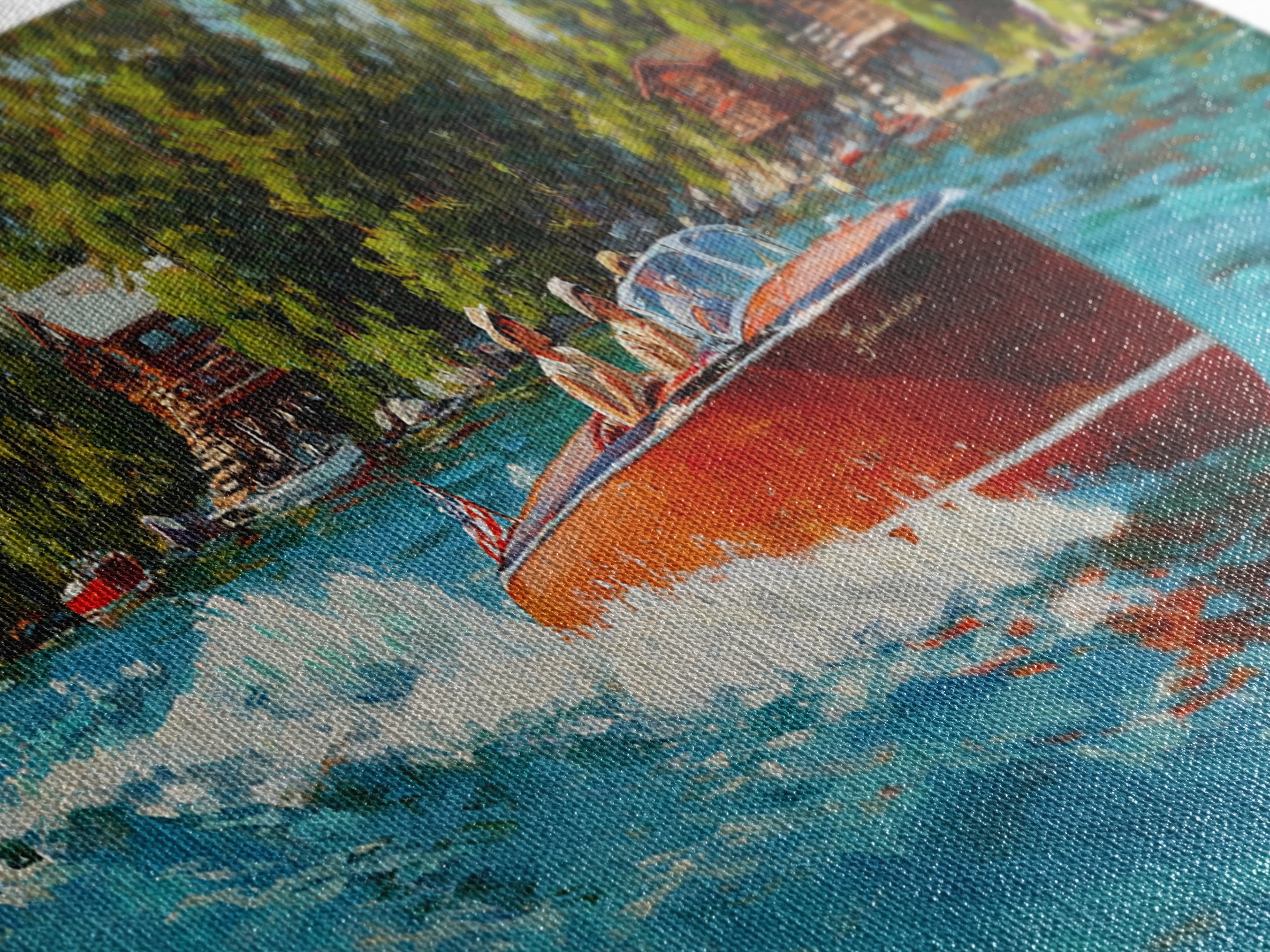 Classic Speedboat On Lake Painting With Bright Red Wood Vessel And Scenic Nature Watercraft Wall Art Print