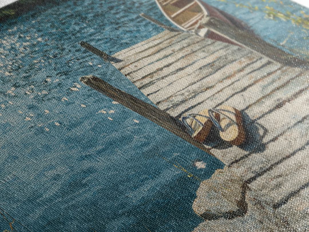 Rustic Lakeside Dock With Flip Flops Oil Painting Wall Art Framed Canvas Print Featuring Serene Water Scene And Cozy Summer Vibes
