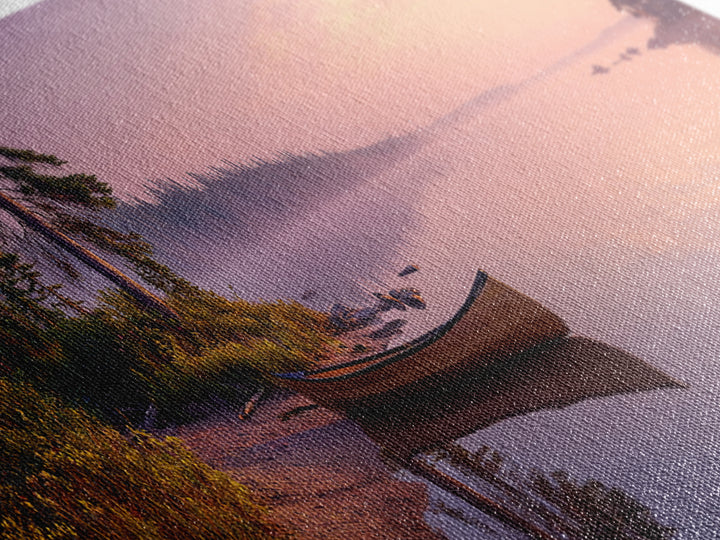 Majestic Sunset Over Misty Lake Landscape Painting Wall Art Canvas Print Rustic Nature Wall Decor