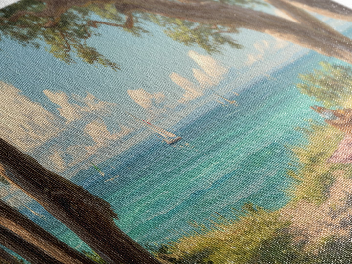 Coastal Picnic Scene With Tranquil Blue Ocean And Sailboats Under Trees - Serene Wall Art Framed Canvas Print For Home Decor