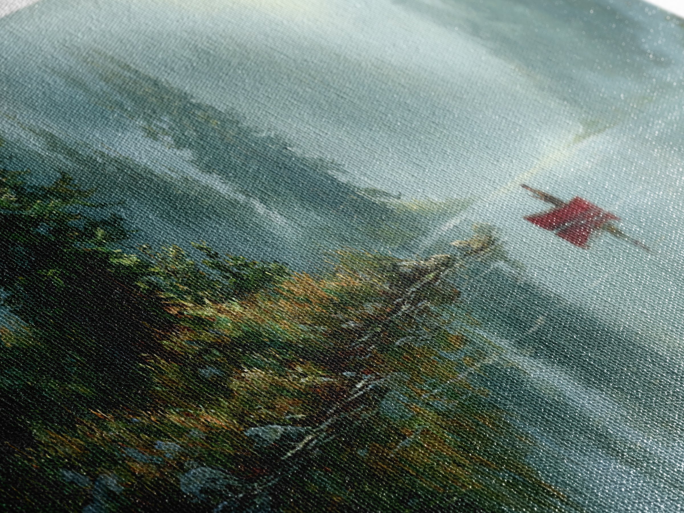 Peaceful Canoeist On Misty River Reflecting Mountain Landscape Wall Art Fine Art Canvas Print For Living Room