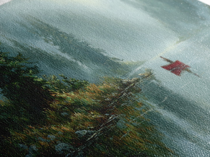 Peaceful Canoeist On Misty River Reflecting Mountain Landscape Wall Art Fine Art Canvas Print For Living Room