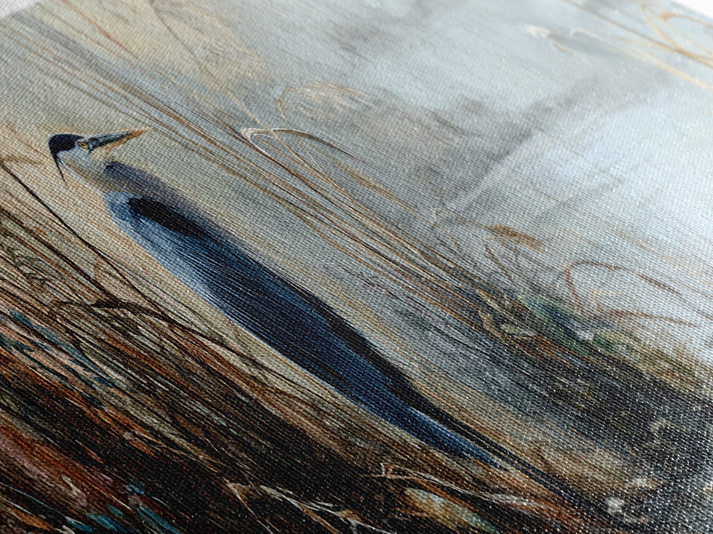 Detailed Watercolor Painting Of Heron By Misty Lakeside Capturing Serene Nature Wall Art Print