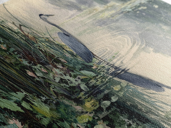 Serene Watercolor Painting Of Heron Standing In Misty Wetlands Surrounded By Lush Vegetation Wall Art
