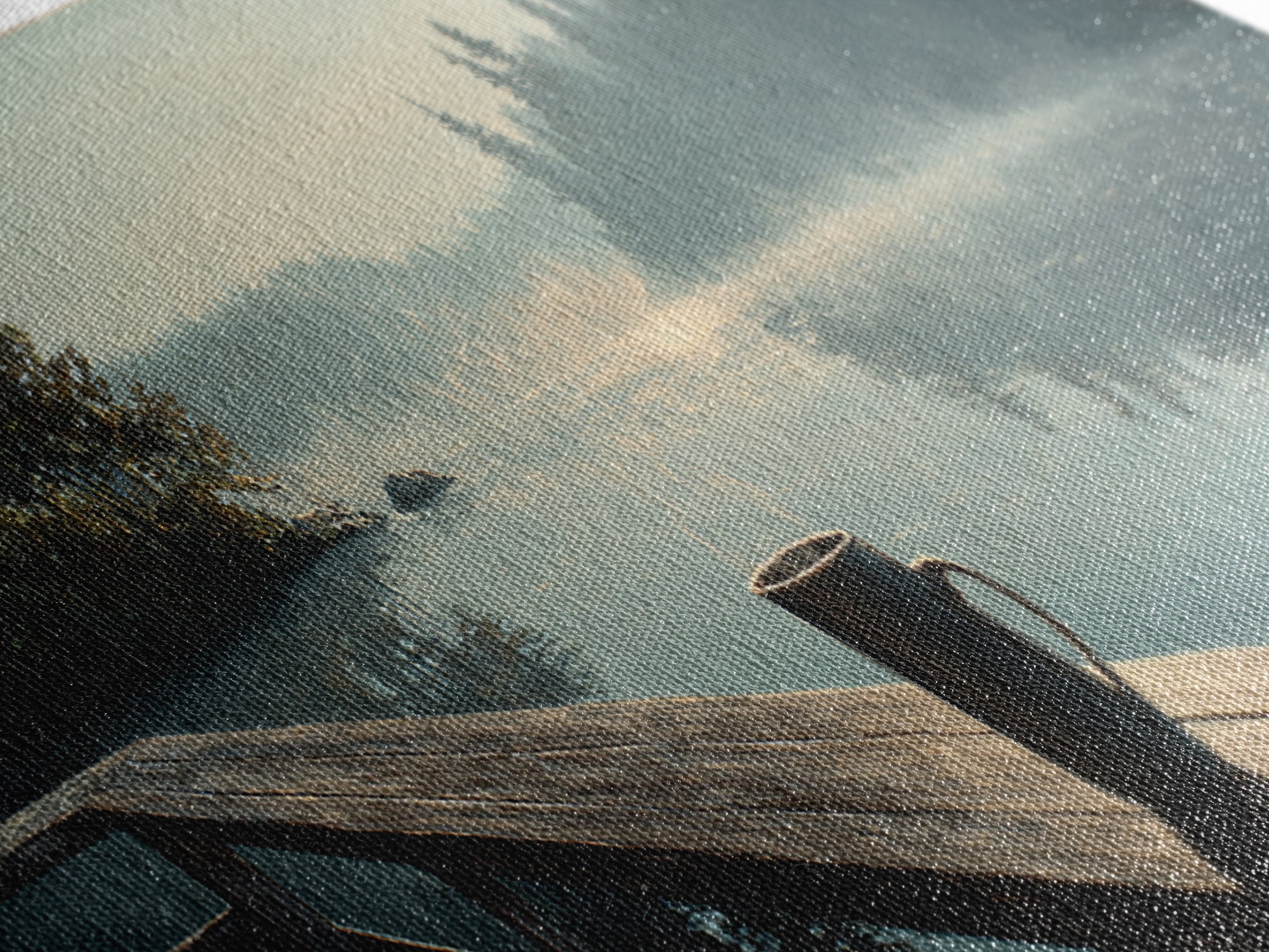 Calm Morning Lake View With Pier And Rising Mist Landscape Painting Wall Art Canvas Print Large Decor For Rustic Home And Cabin