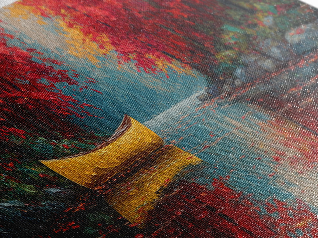 Vibrant Yellow Canoe On Calm Lake With Autumn Red Trees Framed Canvas Print Rustic Fall Wall Art