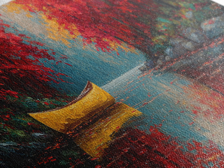 Vibrant Yellow Canoe On Calm Lake With Autumn Red Trees Framed Canvas Print Rustic Fall Wall Art