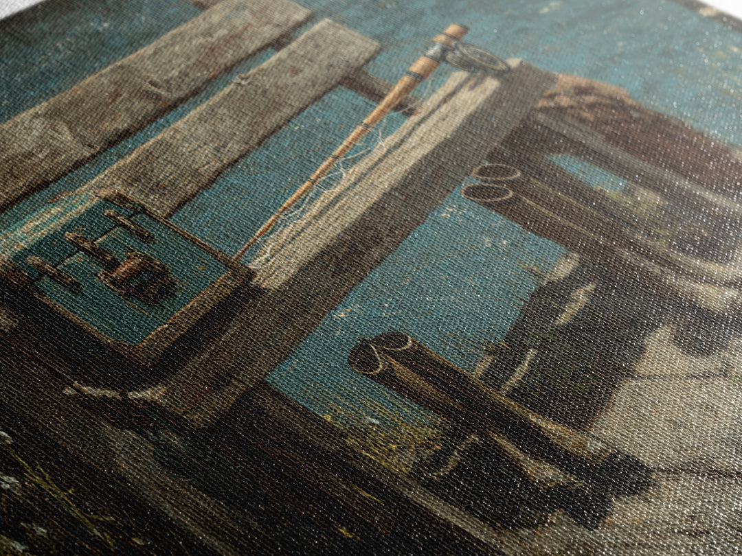Weathered Lakeside Bench With Boots Canvas Print, Rustic Lake House Wall Art, Fishing Cabin Decor, Moody Landscape Gift For Him
