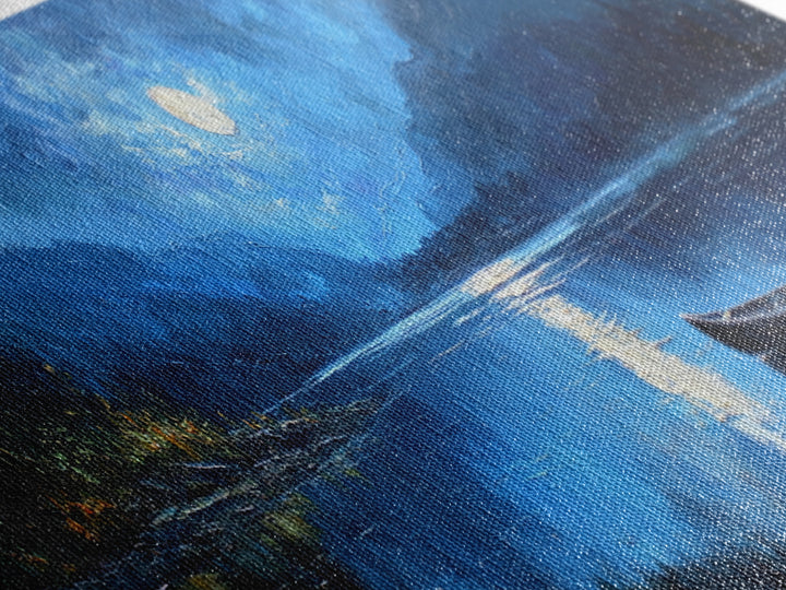 Moonlit Blue Lake Canoe Canvas Print, Moody Landscape Wall Art, Mountain Lake Decor, Cabin Wall Decor, Peaceful Nature Art