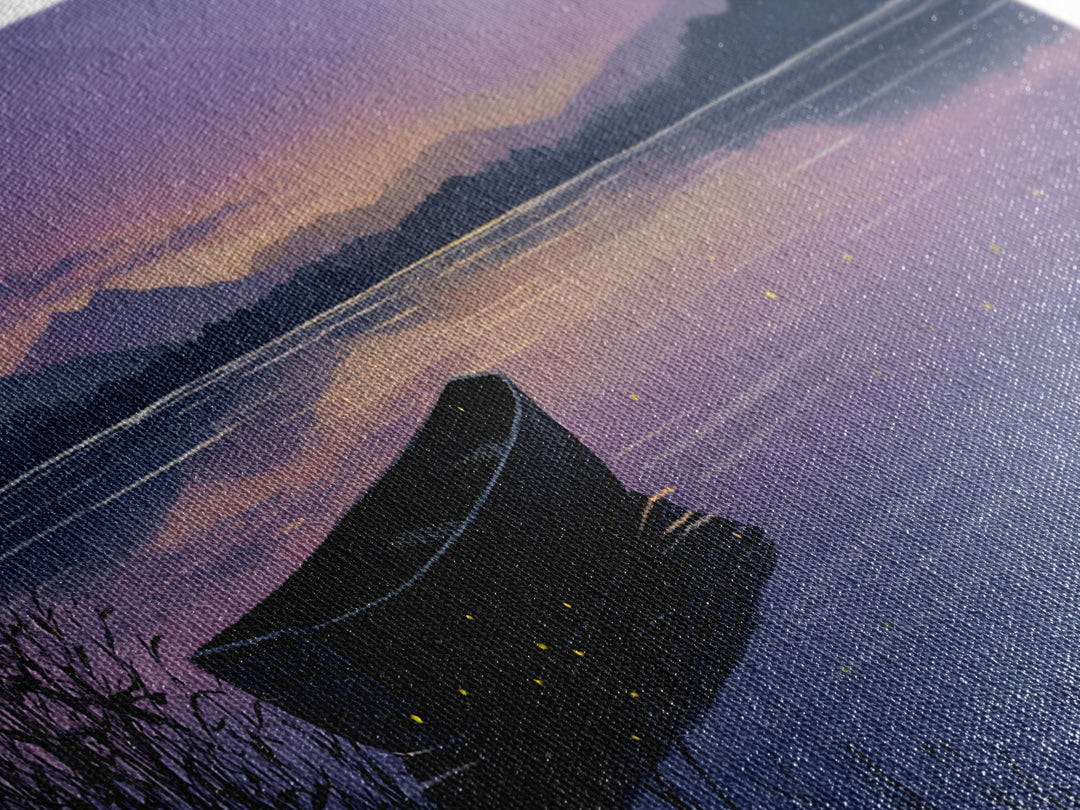 Twilight Lake Boat Framed Canvas Print, Starry Purple Mountain Landscape, Peaceful Cabin Wall Art For Cozy Bedroom Decor
