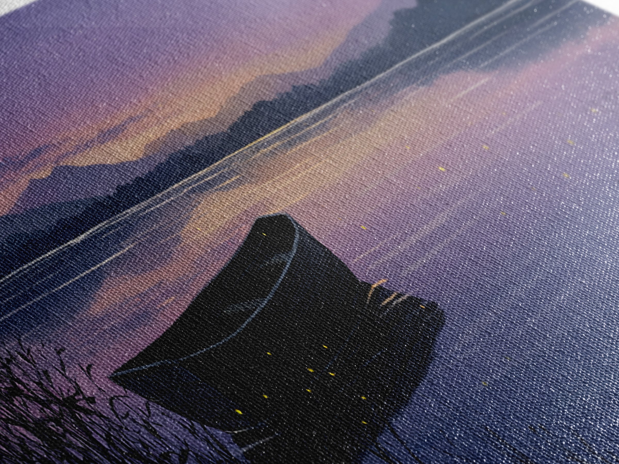 Twilight Lake Boat Framed Canvas Print, Starry Purple Mountain Landscape, Peaceful Cabin Wall Art For Cozy Bedroom Decor