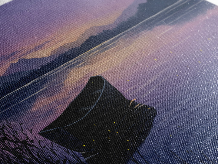 Twilight Lake Boat Framed Canvas Print, Starry Purple Mountain Landscape, Peaceful Cabin Wall Art For Cozy Bedroom Decor