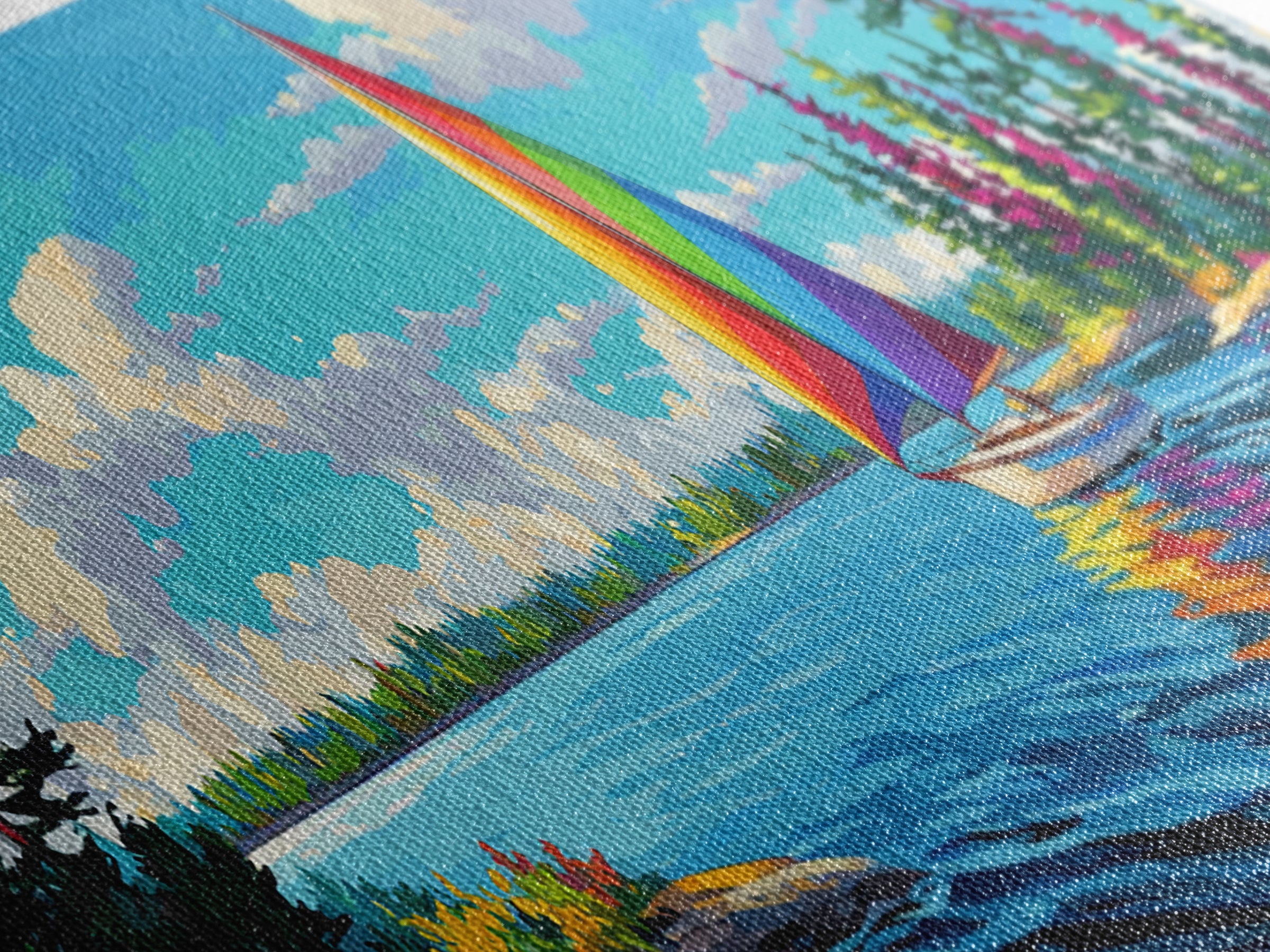 Rainbow Sailboat On Blue Lake Canvas Print, Colorful Wall Art, Coastal Decor, Nautical Poster, Lake House Living Room Art