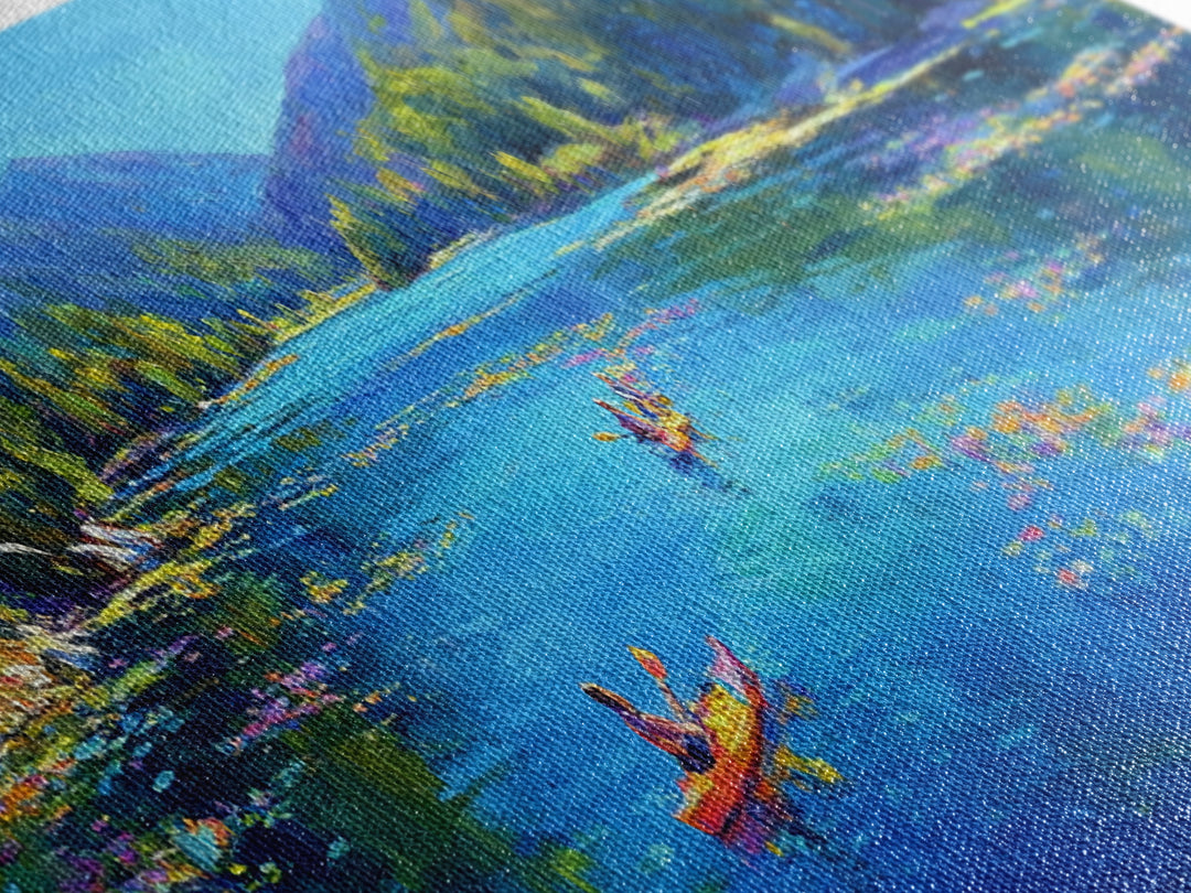 Kayakers On Blue Mountain River Wall Art, Panoramic Landscape Canvas Print, Nature Wall Decor, Living Room Art, Large Horizontal Home Decor