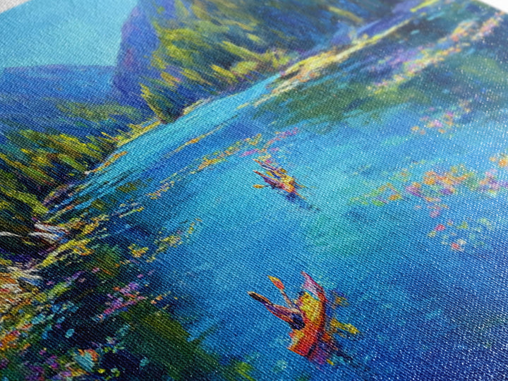 Kayakers On Blue Mountain River Wall Art, Panoramic Landscape Canvas Print, Nature Wall Decor, Living Room Art, Large Horizontal Home Decor