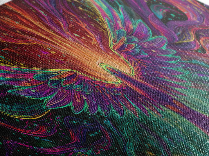 Fiery Rainbow Phoenix Canvas Print, Colorful Fantasy Bird Wall Art, Mythical Creature Decor, Magical Living Room Art, Unique Gift