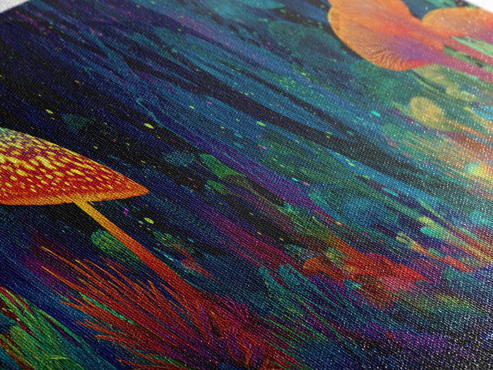 Glowing Mushroom Forest With Neon Woodland Canvas Print, Psychedelic Wall Art For Kids Room Decor And Whimsical Home Decor