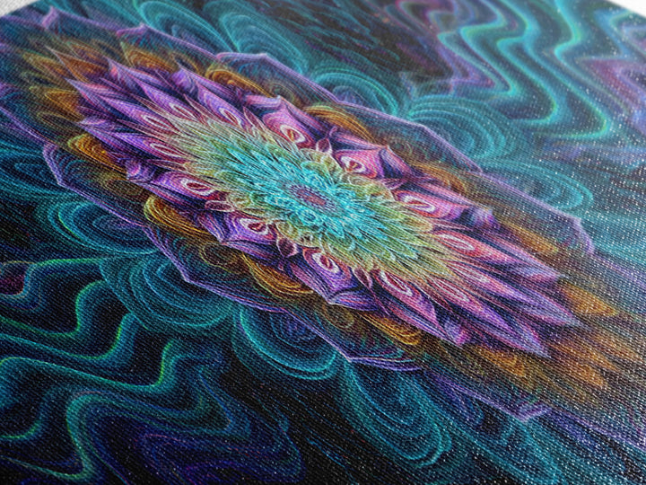 Teal Purple Fractal Mandala Flower Framed Canvas Print, Psychedelic Spiritual Wall Art For Yoga Studio And Meditation Decor