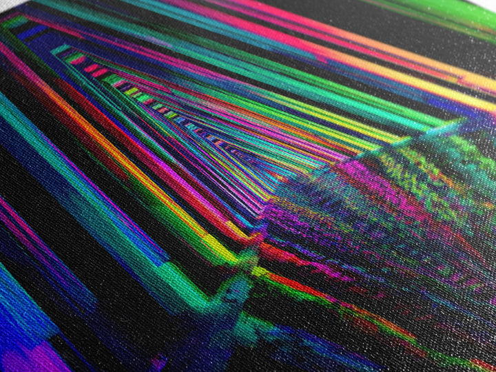 Neon Geometric Tunnel Reflection Canvas Print, Cyberpunk Wall Art, Futuristic Abstract Art, Gaming Room Decor, Vaporwave Poster