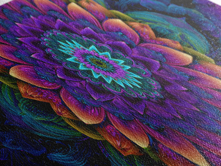 Vibrant Fractal Mandala Flower Canvas Print, Psychedelic Wall Art, Colorful Spiritual Decor, Meditation Room Art, Yoga Studio