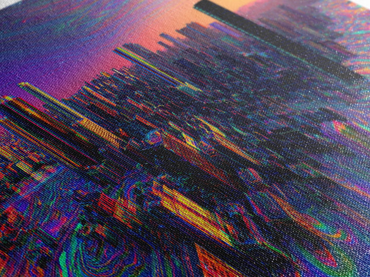 Neon Cyberpunk City Canvas Print, Futuristic Skyline Wall Art, Glitch Urban Decor, Modern Gaming Room Panoramic Wall Art Print