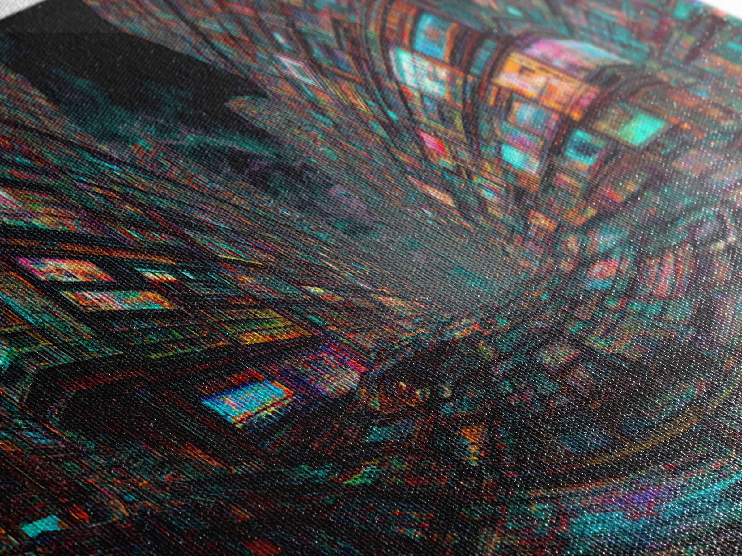 Neon Cyberpunk City With Glitch Streets Framed Canvas Print, Futuristic Wall Art For Gaming Room Decor And Office Decor, Gift For Him