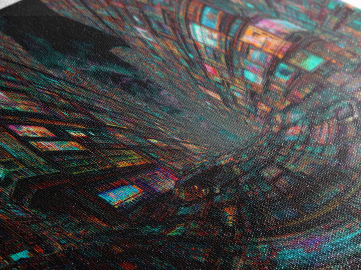 Neon Cyberpunk City With Glitch Streets Framed Canvas Print, Futuristic Wall Art For Gaming Room Decor And Office Decor, Gift For Him