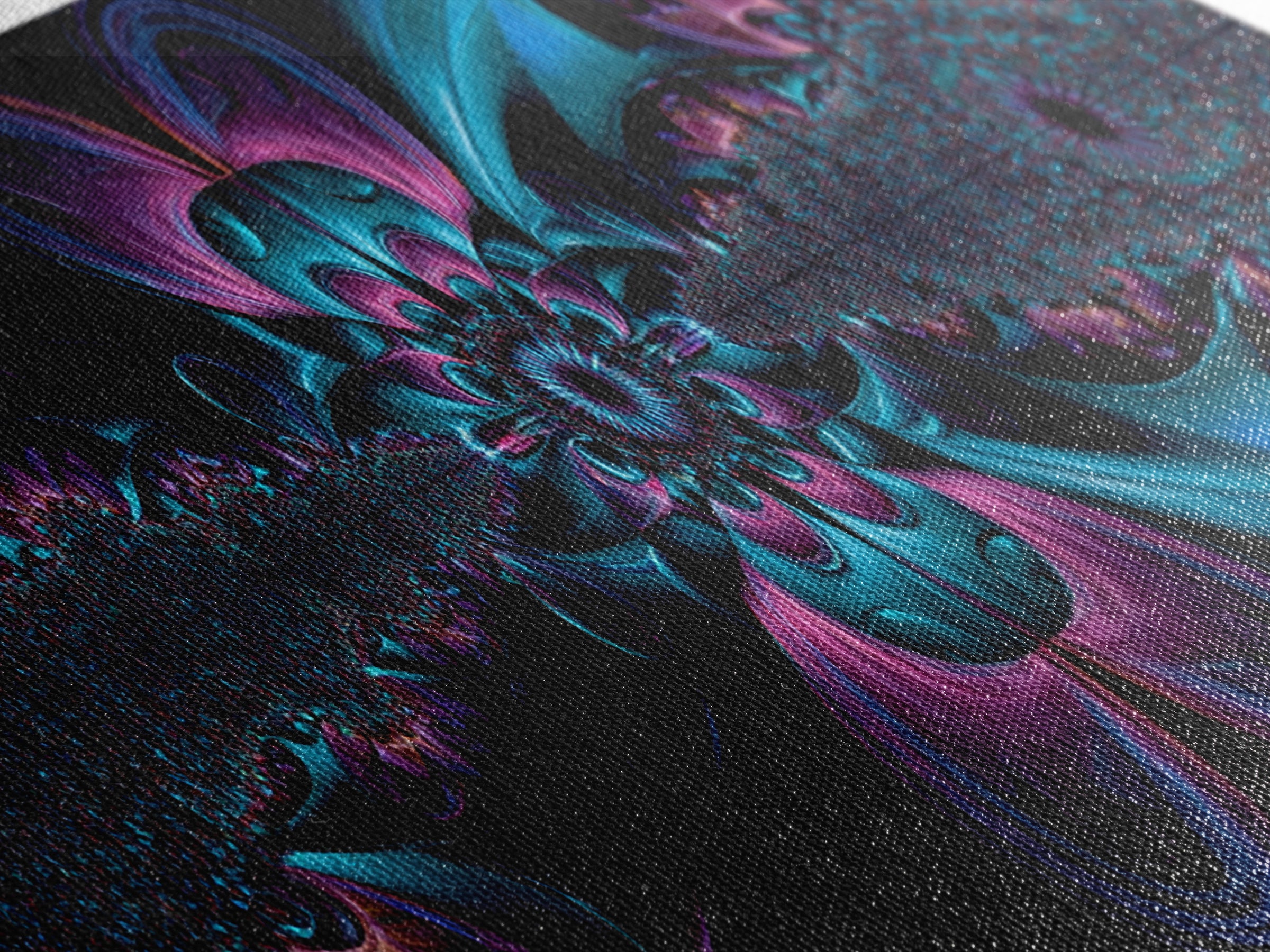 Neon Fractal Flower Mandala Wall Art, Symmetrical Psychedelic Canvas, Teal And Purple Abstract Decor, Meditation Room Print