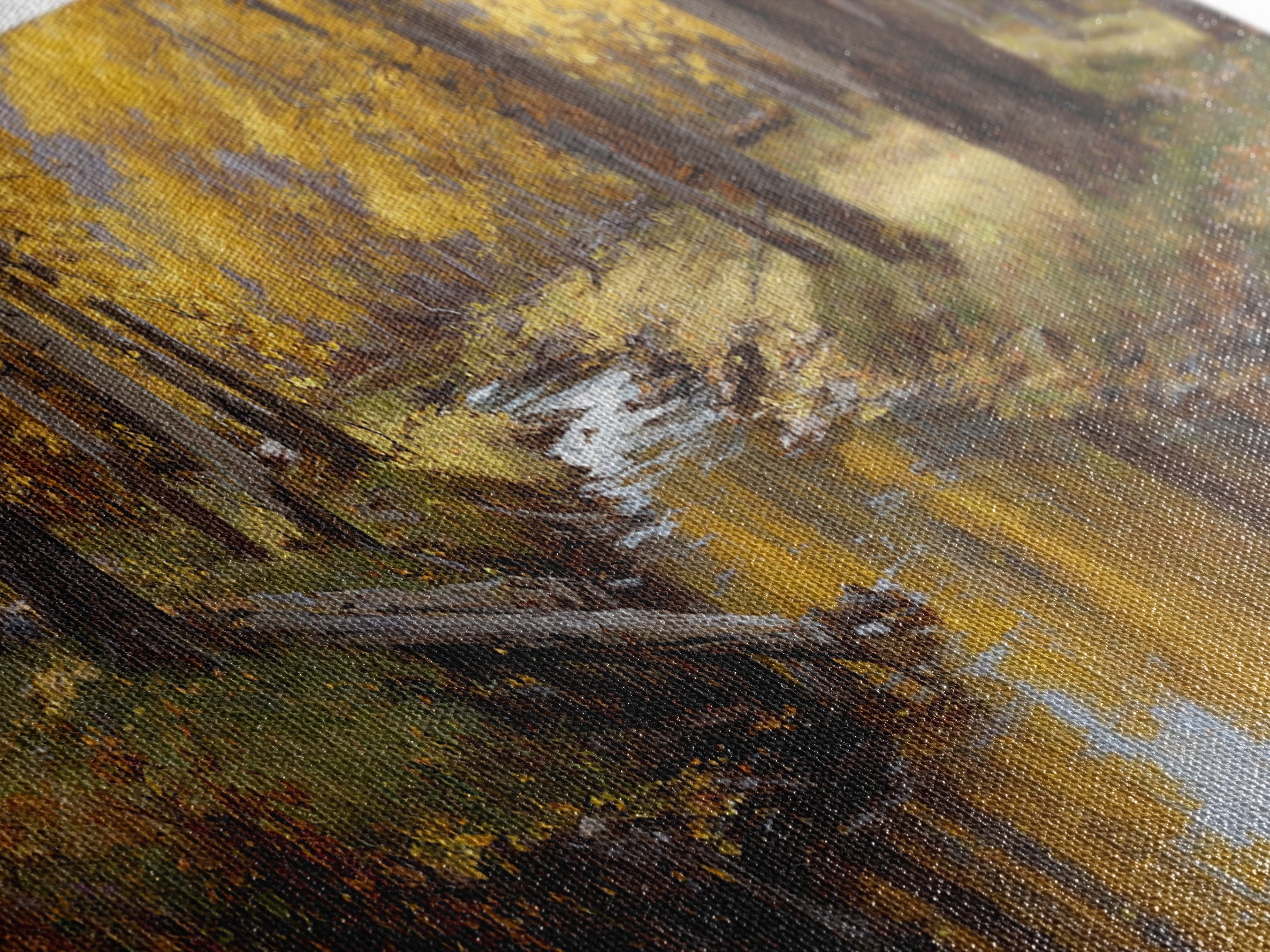 Golden Autumn Forest Creek Wall Art, Impressionist Aspen Landscape Canvas, Warm Nature Print, Rustic Living Room Decor, Cozy Home Decor