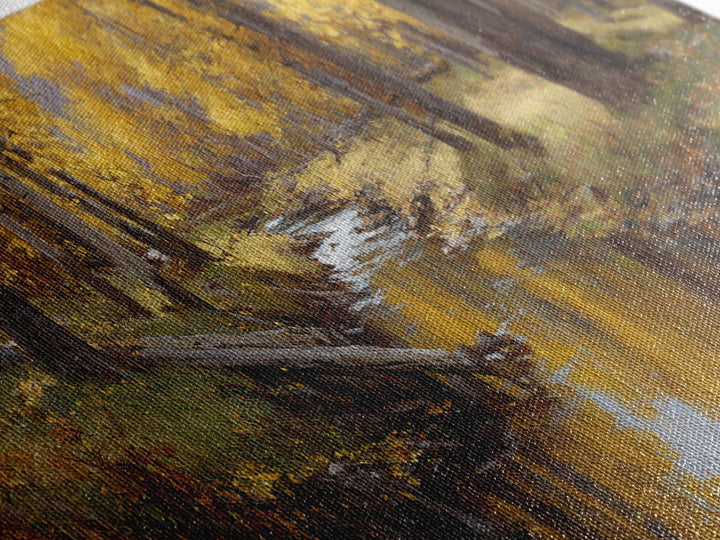 Golden Autumn Forest Creek Wall Art, Impressionist Aspen Landscape Canvas, Warm Nature Print, Rustic Living Room Decor, Cozy Home Decor