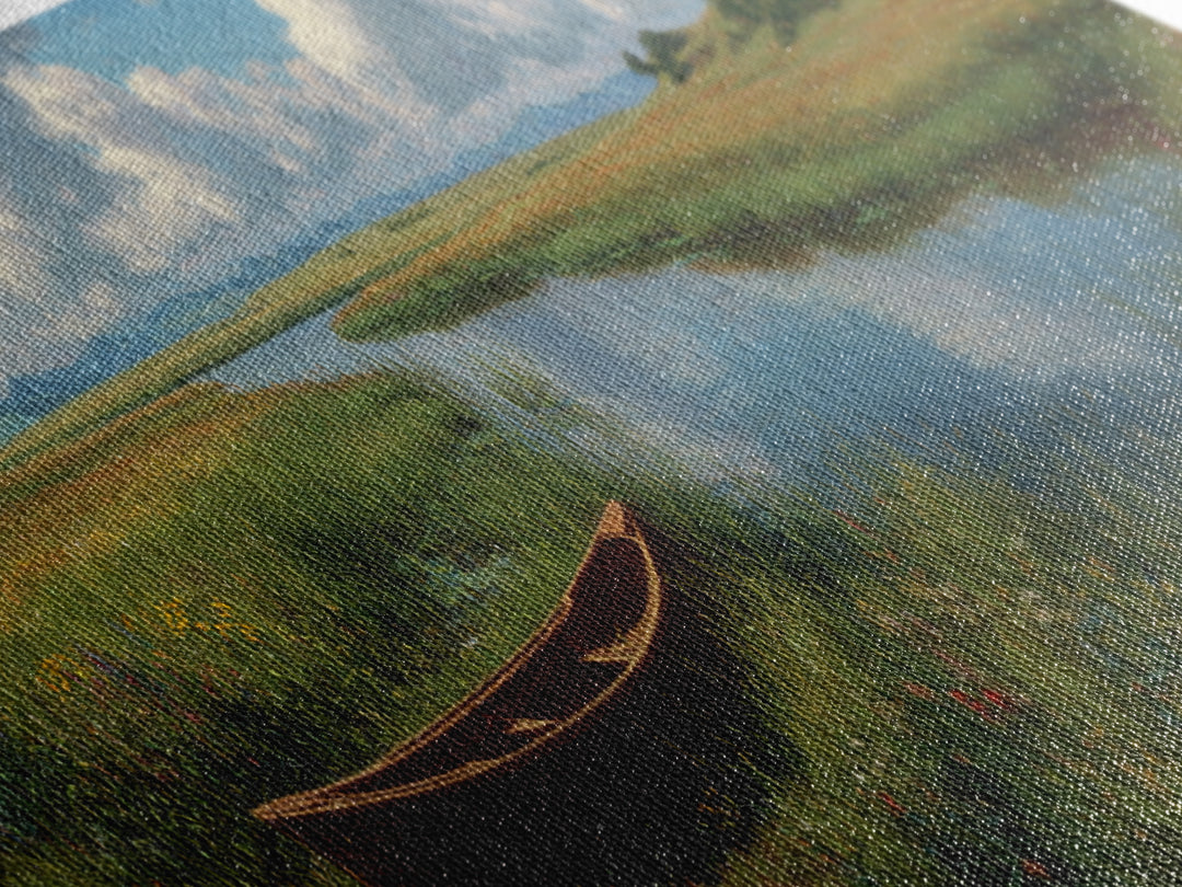 Peaceful Meadow River Boat Wall Art, Panoramic Landscape Canvas Print, Lake House Decor, Nature Wall Decor, Above Sofa Art