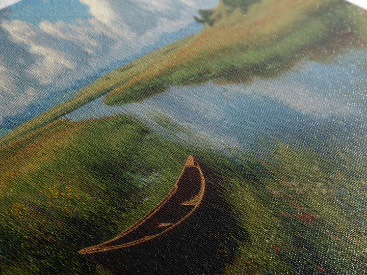 Peaceful Meadow River Boat Wall Art, Panoramic Landscape Canvas Print, Lake House Decor, Nature Wall Decor, Above Sofa Art