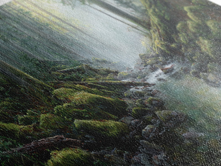 Misty Forest Stream Landscape Wall Art, Mossy Woodland Canvas Print, Nature Decor, Cabin Wall Decor, Calming Office Art Print