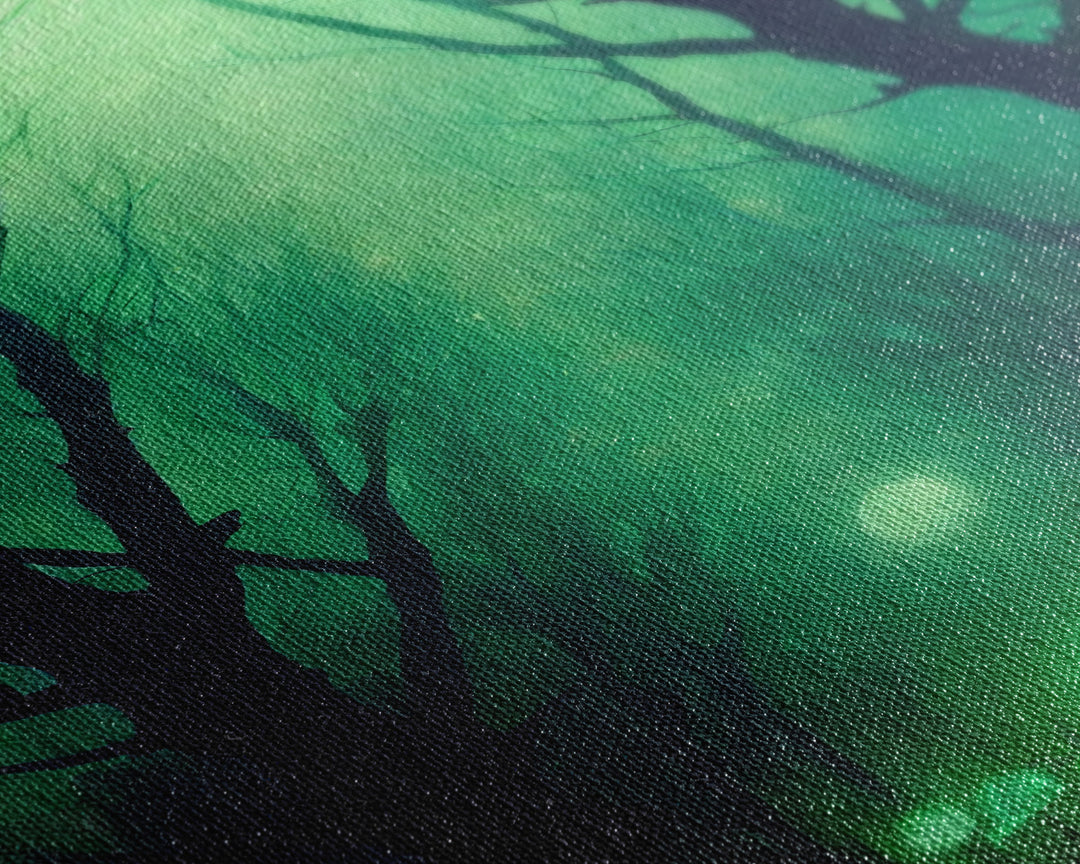 Emerald green city streets under a full moon, cool spooky art, framed canvas print