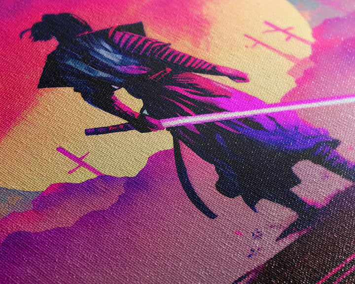 Synthwave Samurai, Cyberpunk Samurai Art, Framed Canvas Print, Ready To Hang Framed Wall Art