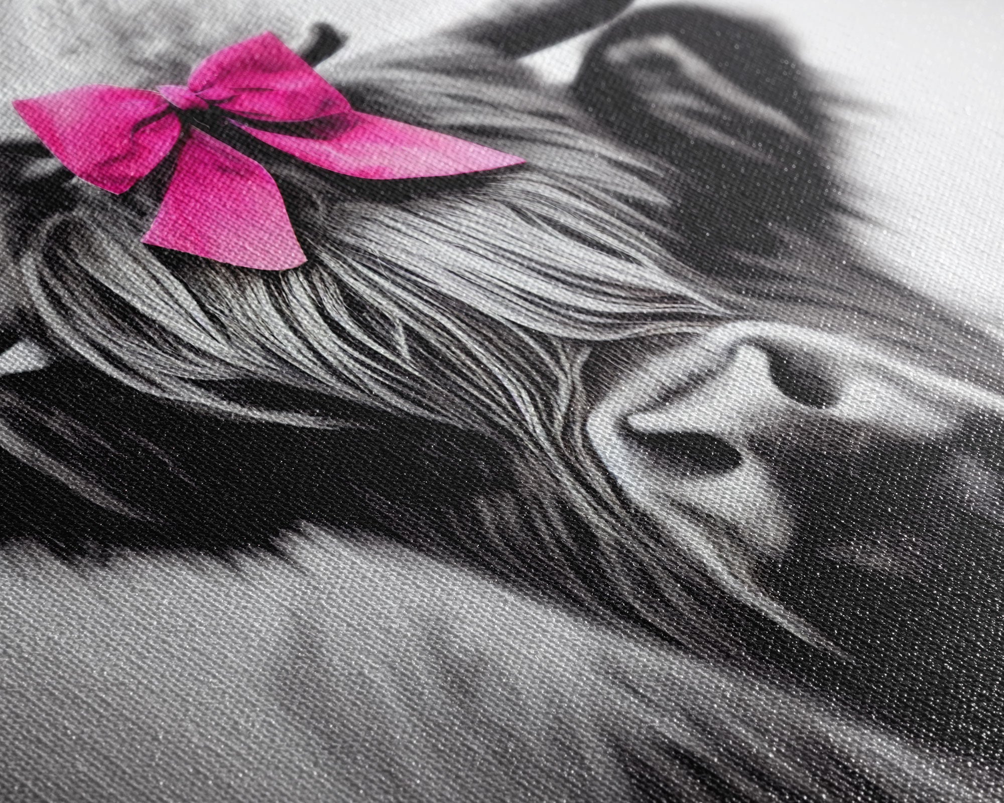 Cute Highland Cow wearing a Bow, Pink Bow on a Cute Cow, framed canvas print, black and white farmhouse cow art